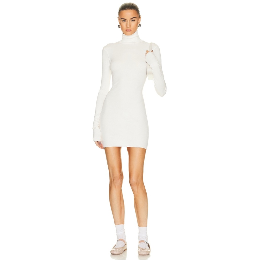 NWT ETERNE SZ M Bodycon Buttery Long Sleeve Turtleneck Mini Dress Cream $195 - Picture 3 of 7